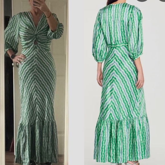 Sandro Agnetta Maxi Dress Cut Out Details 3/4 Sleeve Green Viscose Bias Cut - Picture 1 of 16